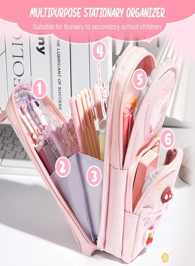 SKYWORK Canvas School Bag Pencil Case, 3 Layer 6 Compartment Large Capacity, Aesthetic Pencil Pouch for Stationary, Cute Stationery for Kids, Pencil Case for Girls & Boys, Gift for Children (Pink) - Image 3